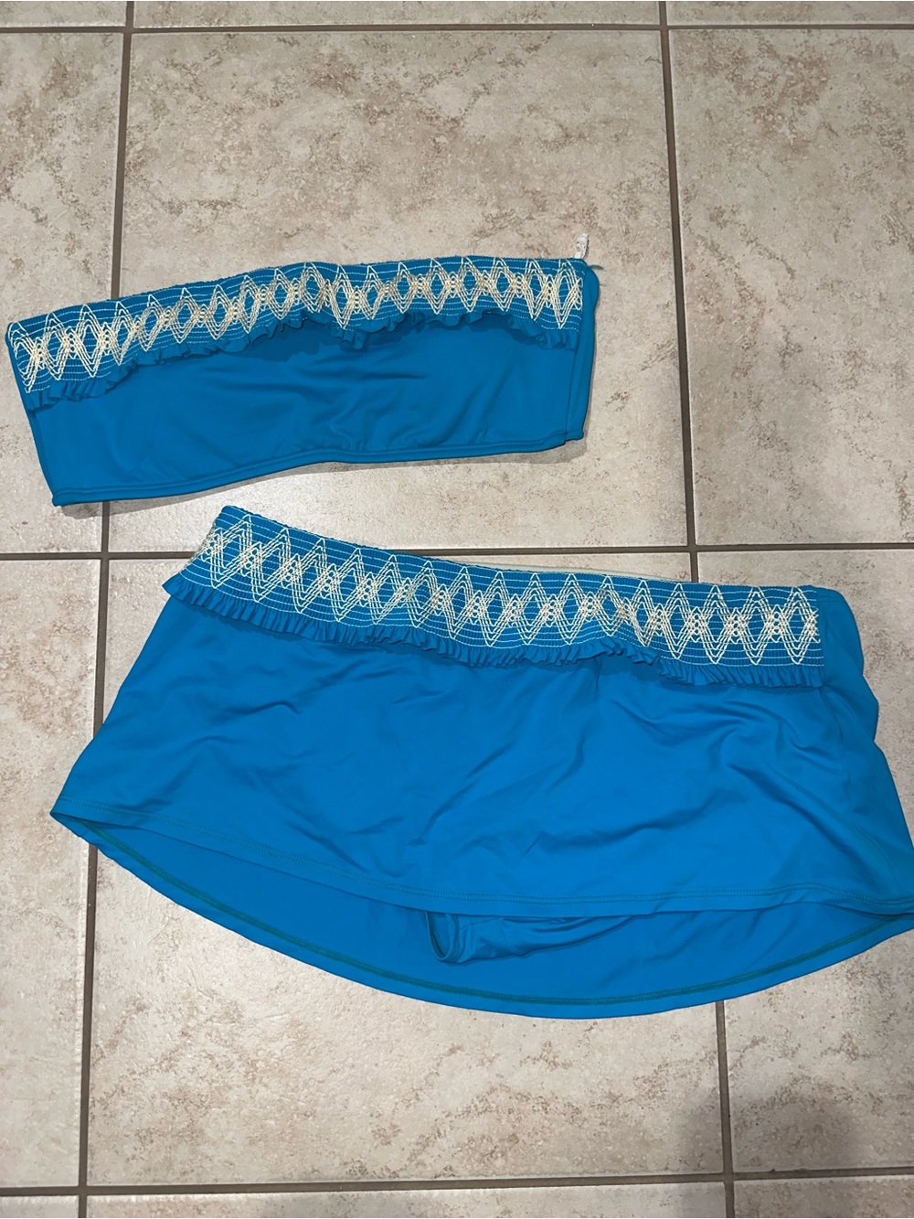 La Blanca by Rod Beattie Blue Smocked Swim Skirt & Bandeau Tankini Set Size 14